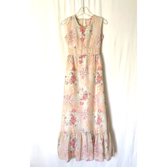 Vtg Peggy Barker Dress Small Maxi Long Floral Romantic Aline Prairie 70s